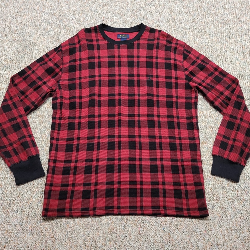 Polo Ralph Lauren Shirt Mens 2XL Buffalo Plaid Thermal Long‎ Sleeve Waffle Knit